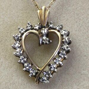 10K Yellow Gold Heart Pendant Necklace Vintage Diamond Prong Accent Stamped JCM